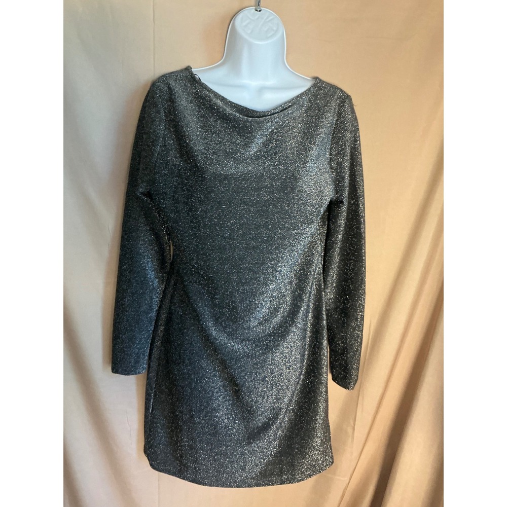 Metallic Glitter Long Sleeve Mini Dress Womens Large Silver Excellent Scoop Back